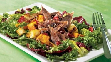 Grilled vegetable and duck confit salad