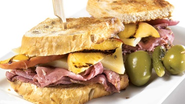 Smoked meat, peach and cumin sandwiches
