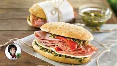Mortadella and pistachio pesto sandwiches