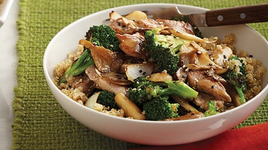 Pork stir-fry with broccoli and mushrooms