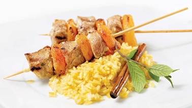 Lamb and Dried Apricot Sosaties over Turmeric Sweet Rice