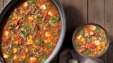 Slow cooker vegetable, wild rice, and tofu soup