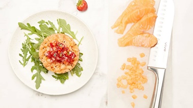 Tartare aux deux saumons, aux fraises et au basilic