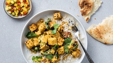Indian-Style Tempeh with Mango and Red Pepper Salad