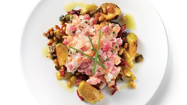 Salmon, tuna, scallop: tartare trio on a bed of grilled vegetables from Geneviève Everell