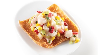 Geneviève Everell's tuiles with scallop, mango and strawberry tartare