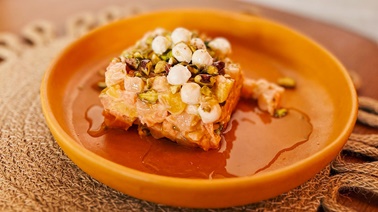 Salmon duo tartare with bocconcini & peaches by Geneviève Everell