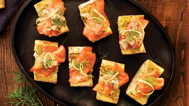 Smoked salmon and herring on toasted baguette