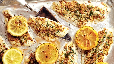 Broiled Mustard Crusted Tilapia with Charred Lemons