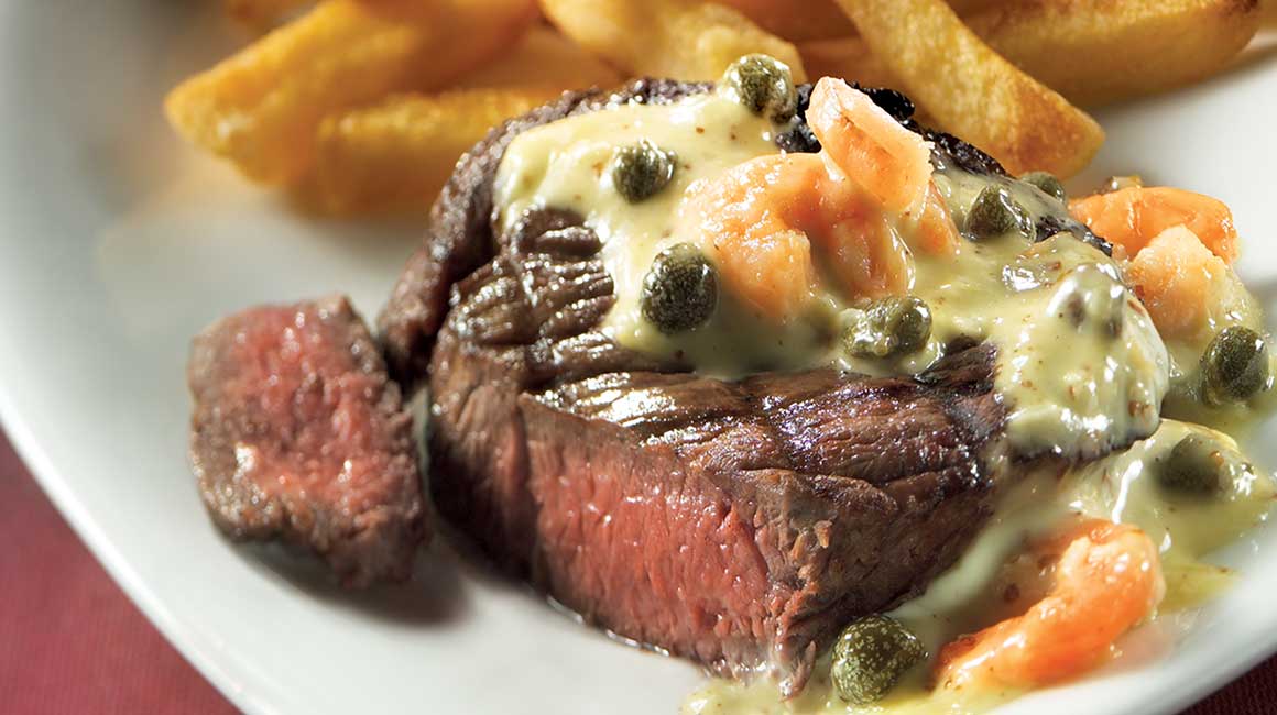 Bison tournedos with shrimp, caper and horseradish sauce