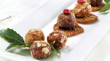 Cranberry and almond foie gras truffles