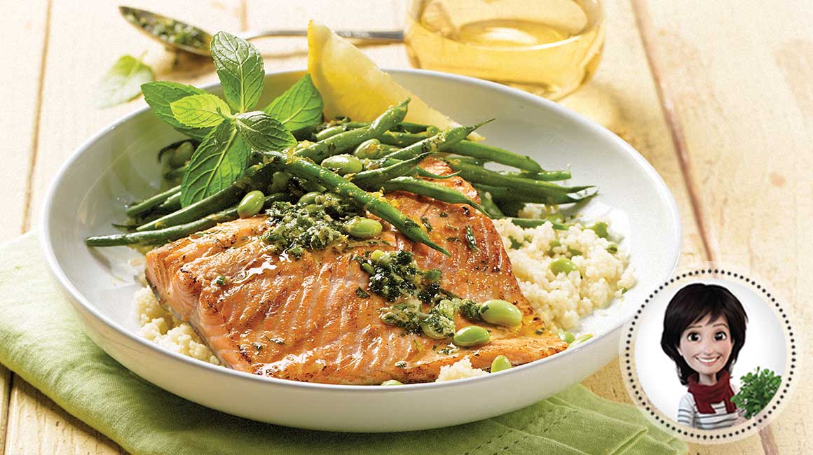 Barbecued trout with mint pesto and green vegetables from Josée di Stasio