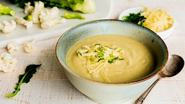 Cauliflower and Broccoli Stem Velouté Soup with Roasted Garlic