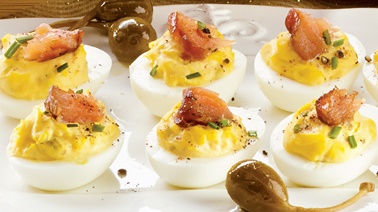 Devilled eggs with hot-smoked salmon