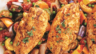 Mediterranean-rubbed chicken with spring ratatouille
