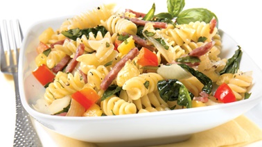 Rotini with sausage, pineapple, and spinach