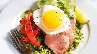 Broccoli tabbouleh with grilled bell peppers and pork tenderloin from Ricardo