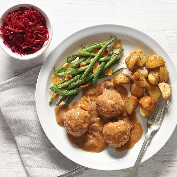 Mushroom meatballs + green beans + small potatoes + beet salad 