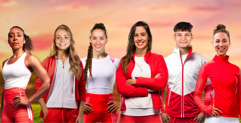 Six Olympic and Paralympic athletes, five women and one man, dressed in Canadian colours.